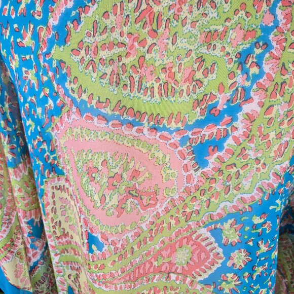 Talbots Size S/M Turquoise Coral Paisley Butterfly Sleeve Kimono Top Silk Sheer - Picture 6 of 10